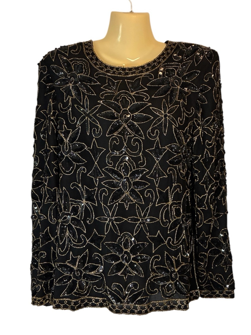 Avalon Beaded Floral Sequined Embellished Silk Long Sleeve Top Blouse Black Med